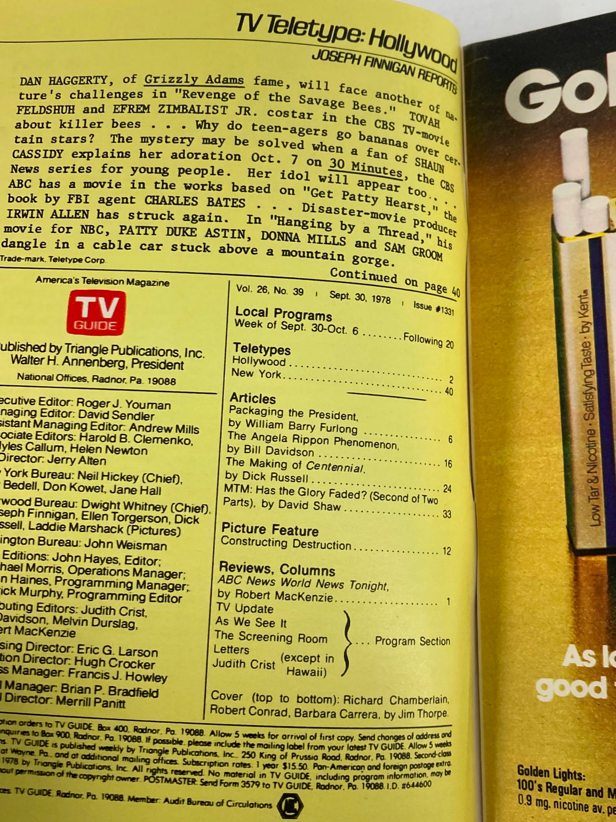 Inside page of TV Guide Magazine from September 30 1978. Features the section 'TV Teletype: Hollywood', discussing upcoming television shows and notable figures in the industry during the late 1970s.