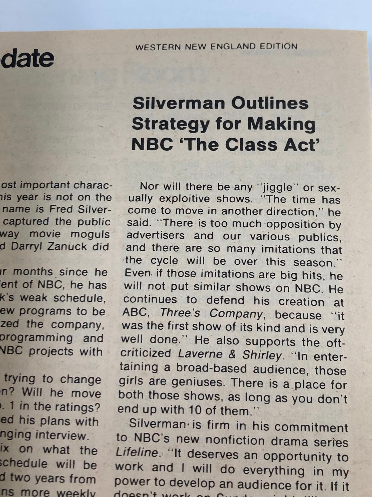 Page from TV Guide Magazine September 30 1978 featuring the Western New England Edition article about NBC's programming strategy and Fred Silverman.