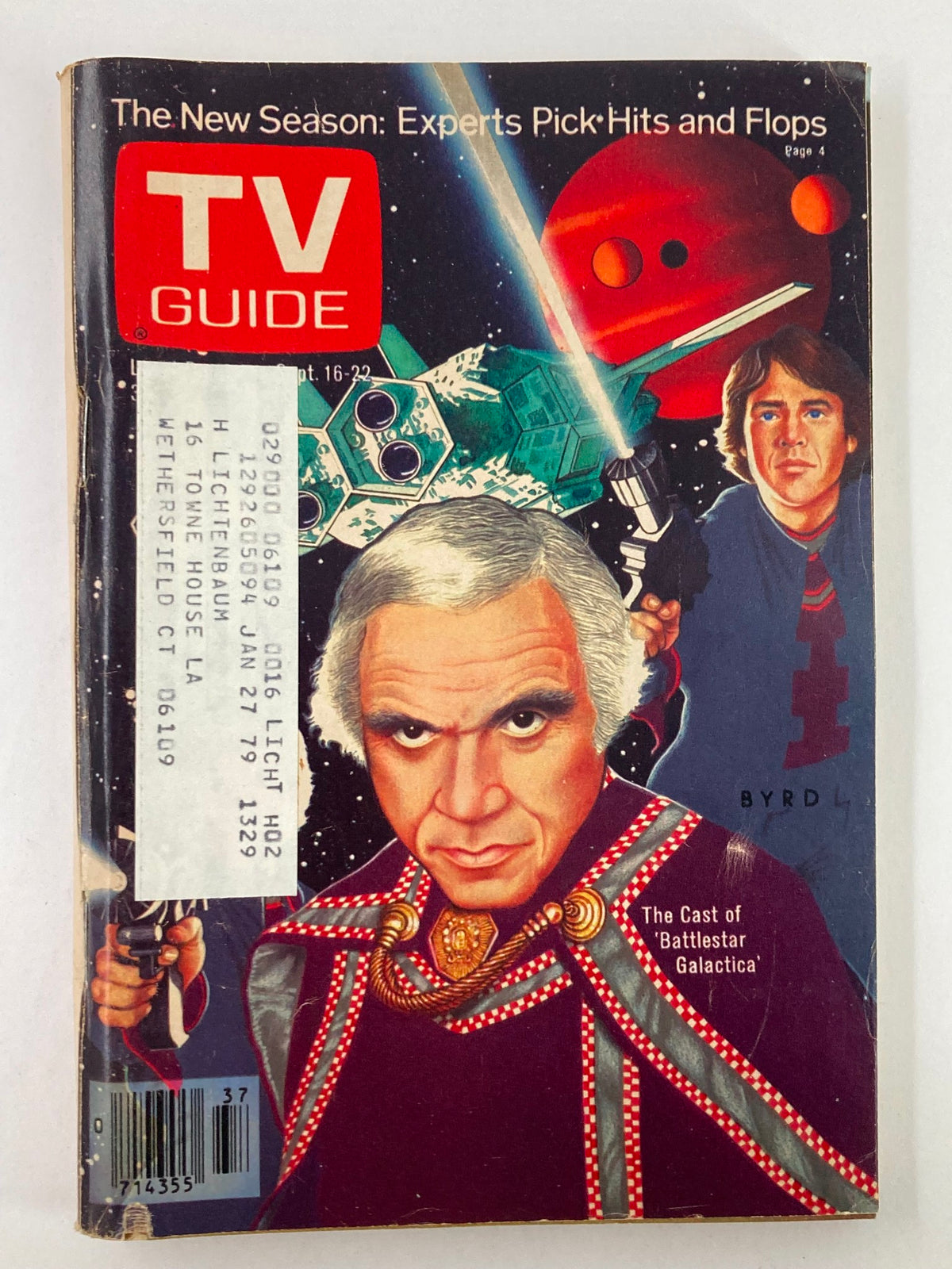 Cover of TV Guide Magazine September 16 1978 featuring Dirk Benedict, with the title prominently displayed and elements related to 'Battlestar Galactica' in a colorful design.