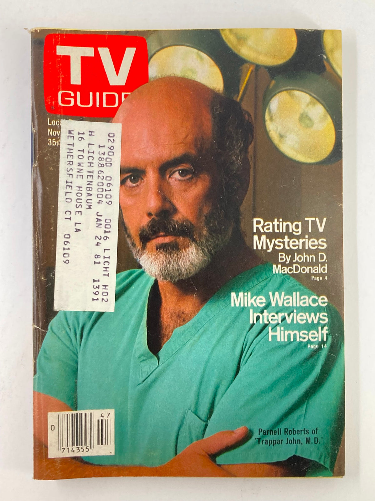 TV Guide Magazine cover from November 24, 1979 featuring Pernell Roberts, highlighting his role in classic television, with articles including 'Rating TV Mysteries' and an interview with Mike Wallace.