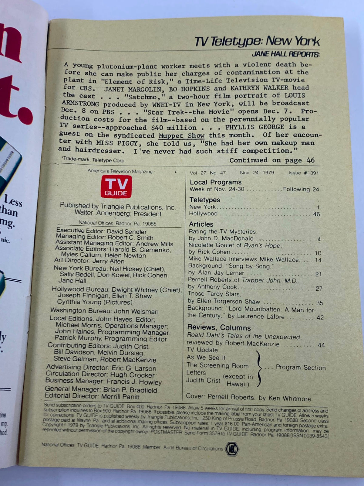 TV Guide Magazine November 24, 1979 featuring Pernell Roberts, showcasing television programming listings and articles from that era.