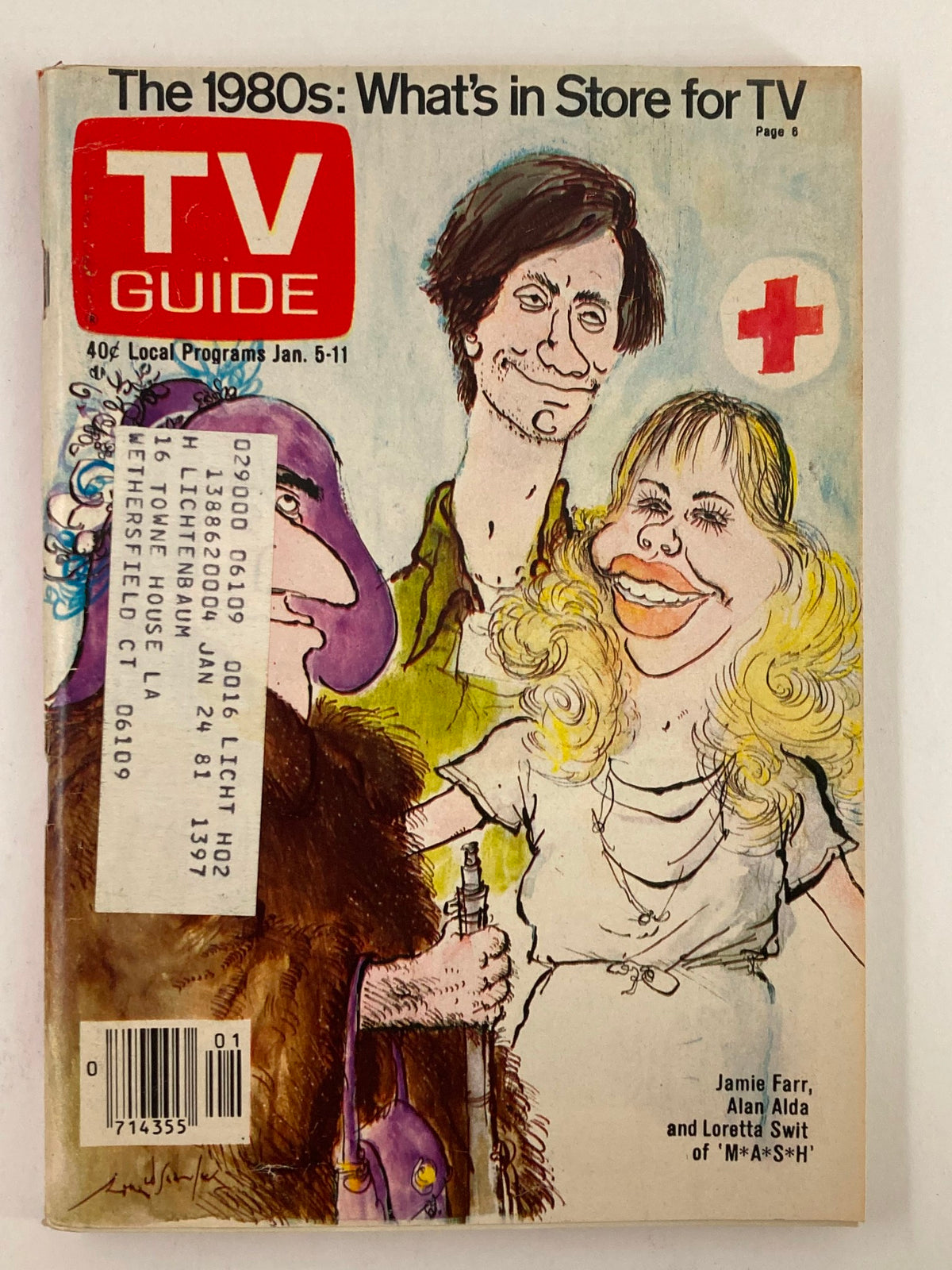 Cover of TV Guide Magazine January 5, 1980, issue #1397, featuring a caricature of comedian Jamie Farr and other prominent figures from classic television, highlighting nostalgia for 1980s TV culture.
