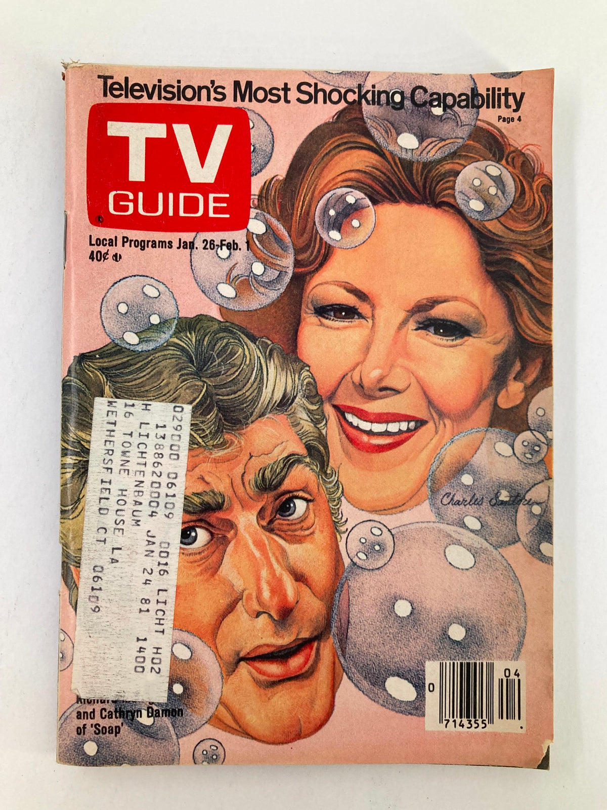 Cover of TV Guide Magazine January 26 1980 featuring Richard Mulligan, showcasing vibrant illustrations with bubbles and text emphasizing television's most shocking capability.