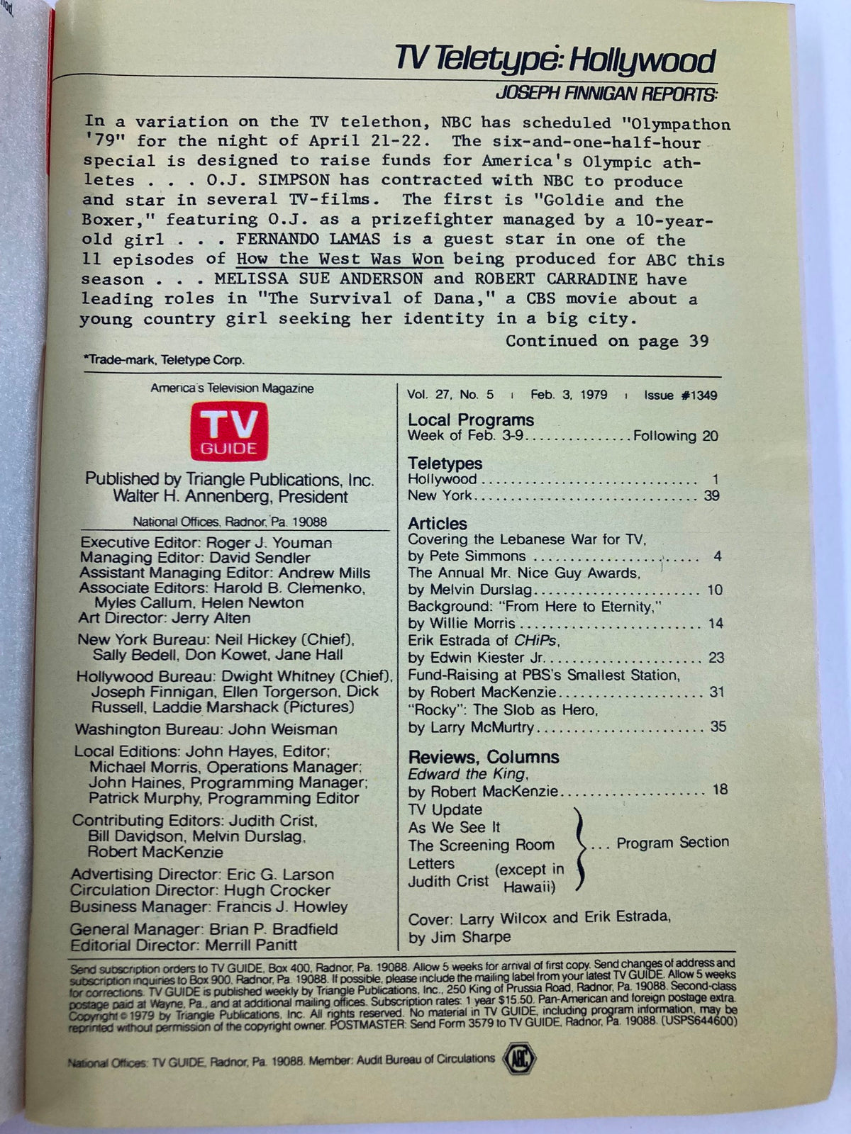 Inside page of TV Guide Magazine February 3 1979, detailing Hollywood reports and listings, providing insights into the television landscape of the era.