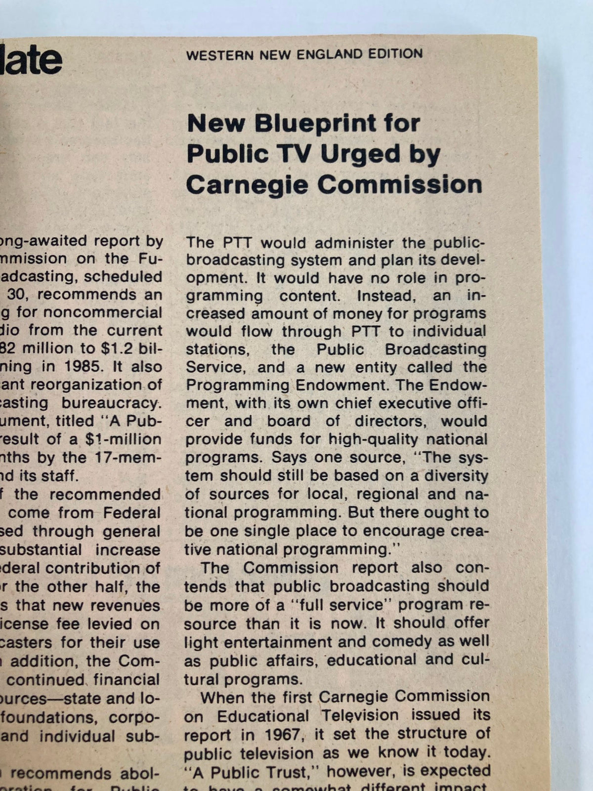 Article page from TV Guide Magazine February 3 1979 discussing a blueprint for public TV urged by Carnegie Commission, highlighting industry developments.