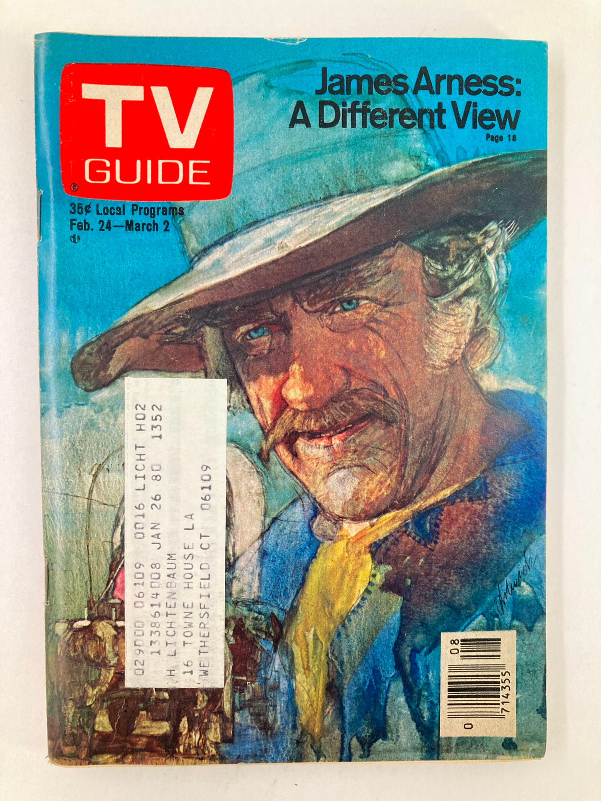Vintage TV Guide Magazine from February 24, 1979 featuring James Arness on the cover. The artwork depicts a close-up portrait of Arness in a cowboy hat, reflecting the western theme prominent in the late 1970s television era.