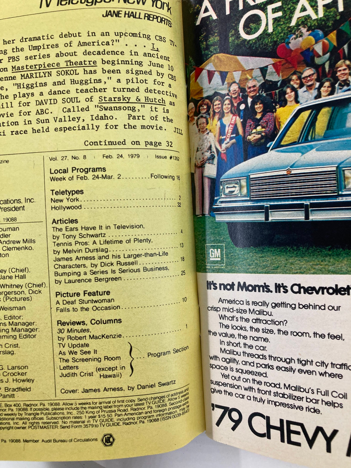 Inside page of TV Guide Magazine February 24 1979 featuring articles, local programs, and a Chevrolet advertisement, highlighting the magazine's historical context and content.