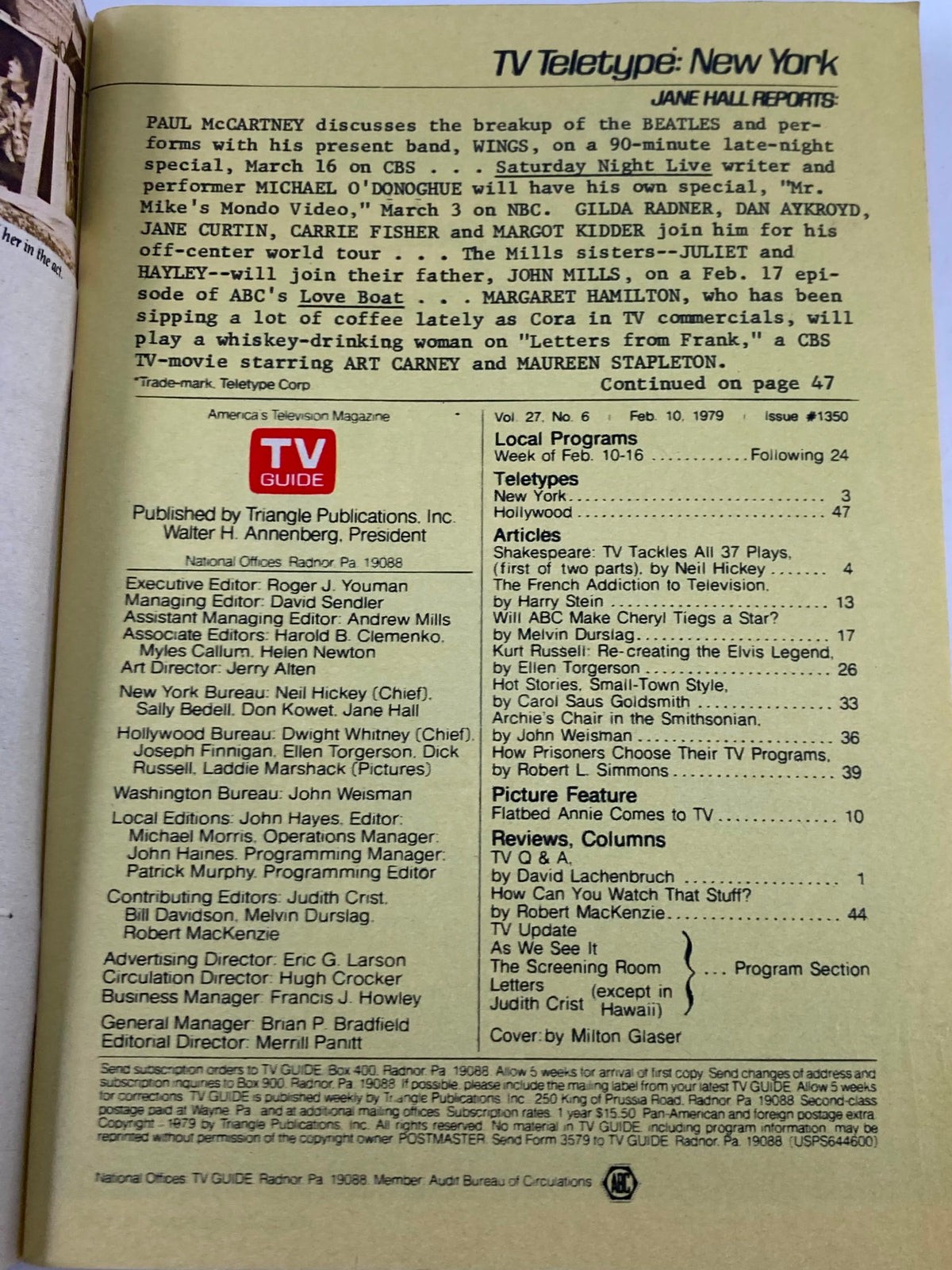 Back cover of TV Guide Magazine February 10 1979, showcasing television programming highlights including Paul McCartney, Beatles news, and the upcoming CBS special.
