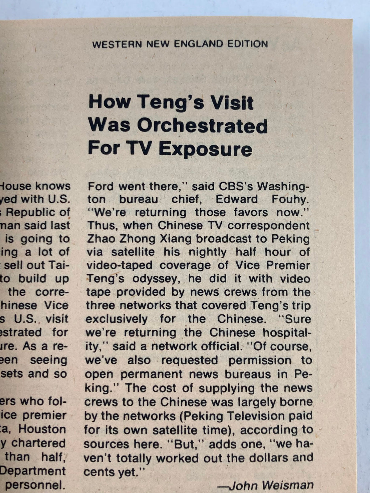 Feature article in TV Guide Magazine February 10 1979 Western New England Edition discussing how Teng’s visit was orchestrated for television exposure.