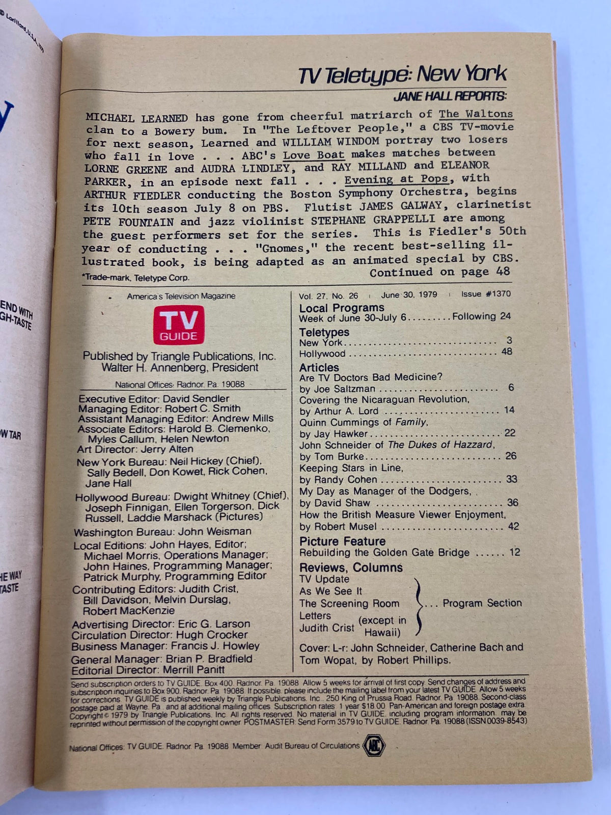 Inside page of TV Guide Magazine June 30 1979, displaying TV Teletype reports and programming details from the time, providing a glimpse into late 1970s television culture.