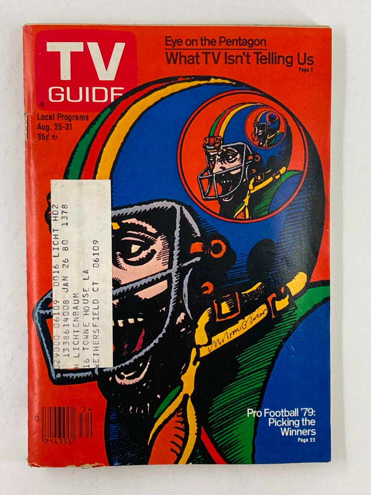 Cover of TV Guide Magazine August 25 1979 Picking the Winners Western New England Edition, featuring bold colorful artwork of a football player and promotional titles.
