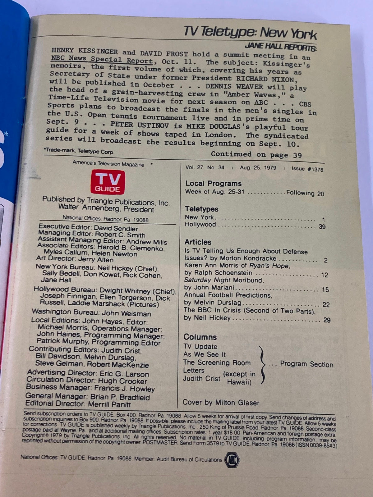 Inside page of TV Guide Magazine August 25 1979 Picking the Winners Western New England Edition, showcasing a TV Teletype article and program listings.