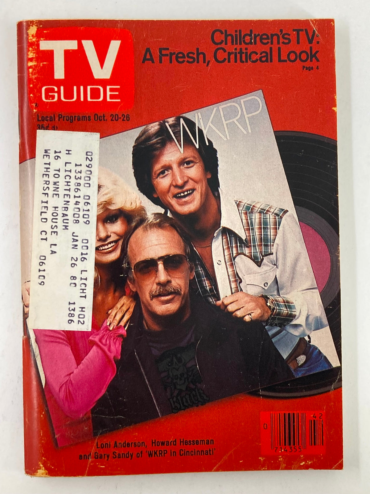 TV Guide Magazine October 20 1979 featuring Loni Anderson on the cover, showcasing the cast of WKRP in Cincinnati with an address label.