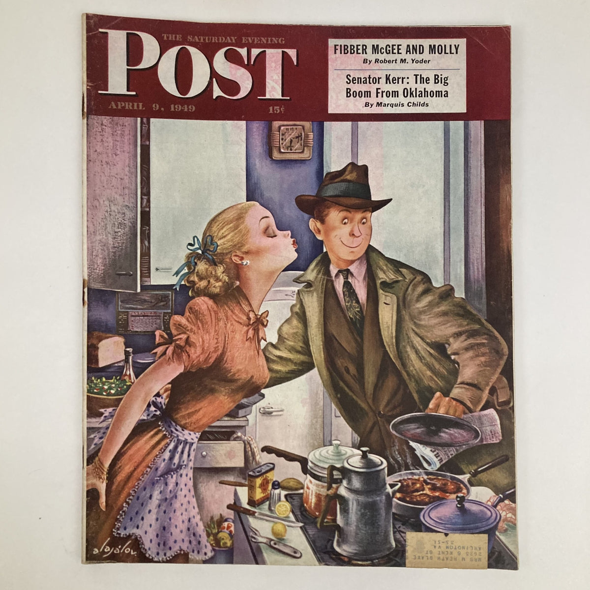 Cover of the Saturday Evening Post Magazine from April 9, 1949, featuring an illustrated scene by Constantin Alajalov, depicting a couple in a lively kitchen setting.