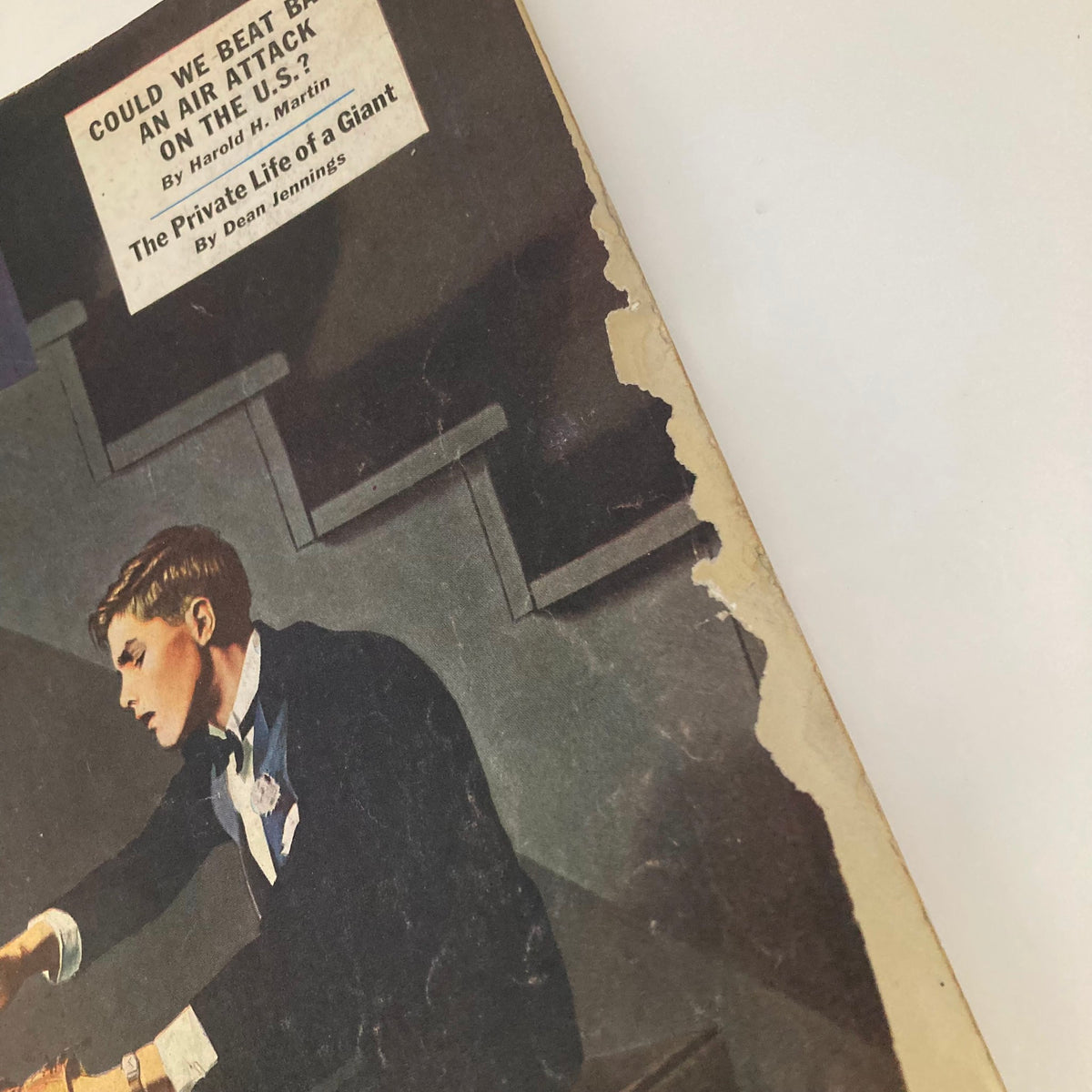 Detail view of the November 4, 1950 Saturday Evening Post Magazine illustrated cover by George Hughes, showcasing a young man in formal attire with visible wear on the edges.