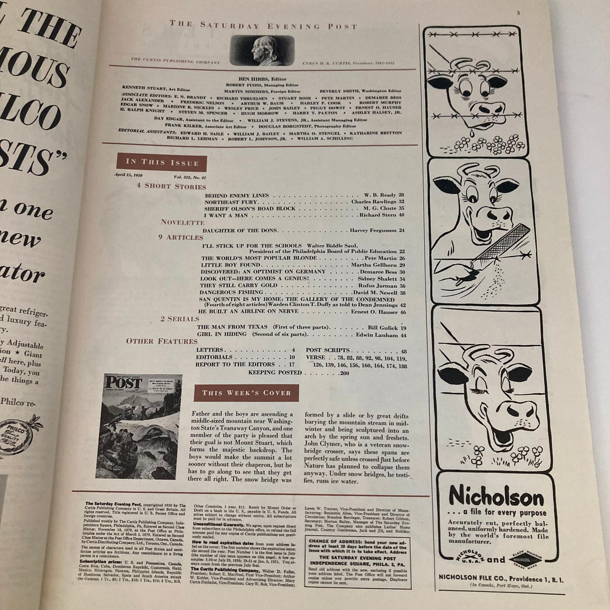 Interior page of the Saturday Evening Post Magazine, April 15, 1950 edition, featuring the table of contents and additional details about various articles including 'Betty Grable: The World's Most Popular Blonde'.