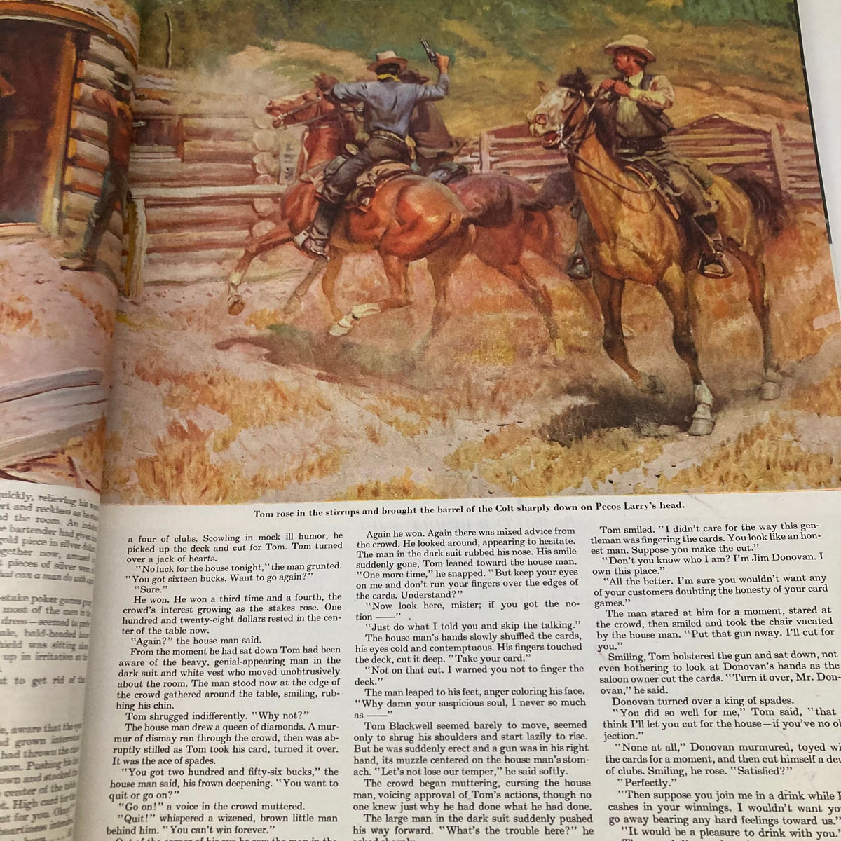 Scene from the Saturday Evening Post Magazine April 15 1950 featuring two cowboys on horseback, illustrated cover art by John Clymer, depicting a dramatic moment of action.