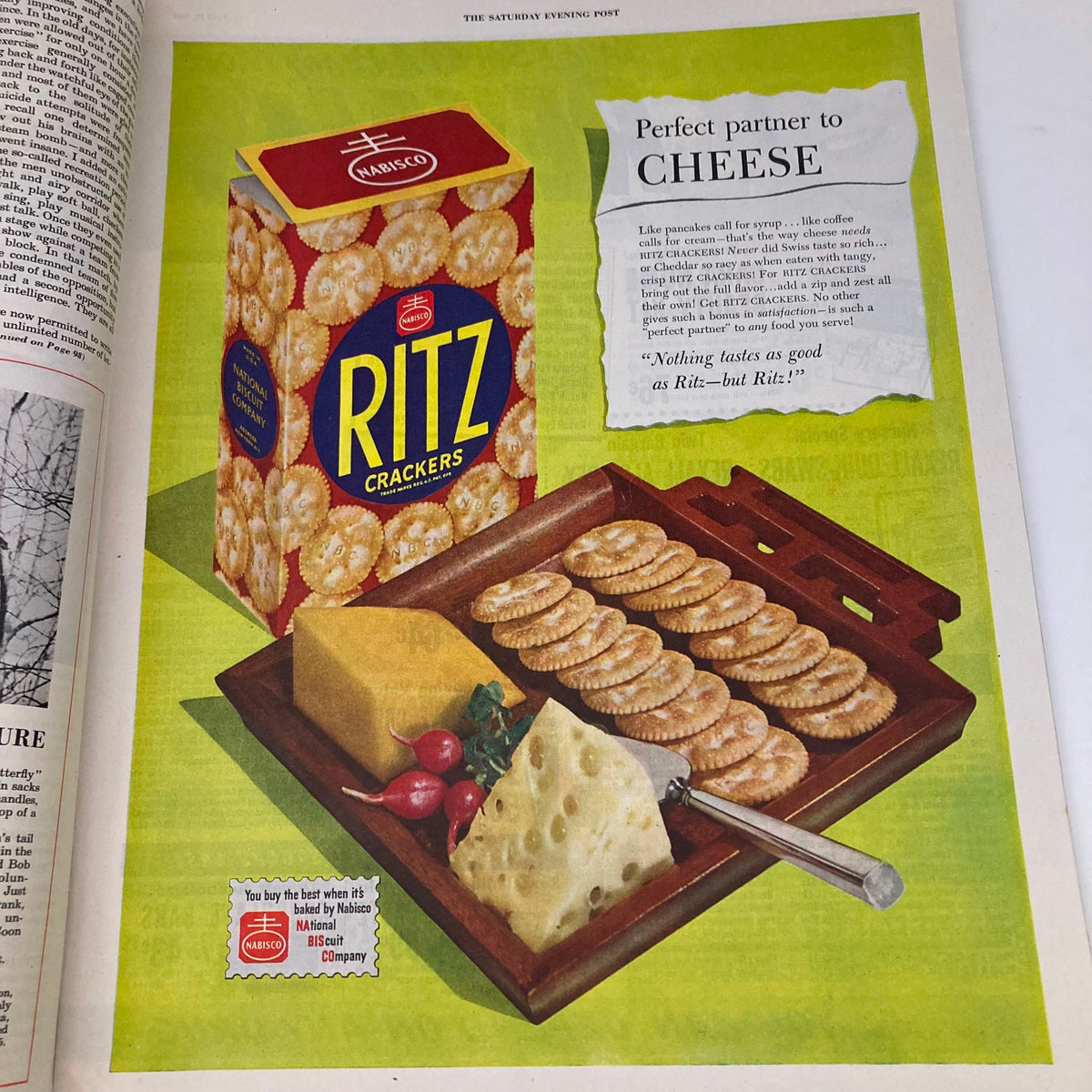 Vintage advertisement from the Saturday Evening Post Magazine April 15 1950 promoting Ritz Crackers as the perfect partner for cheese, presented in a colorful and appealing layout.