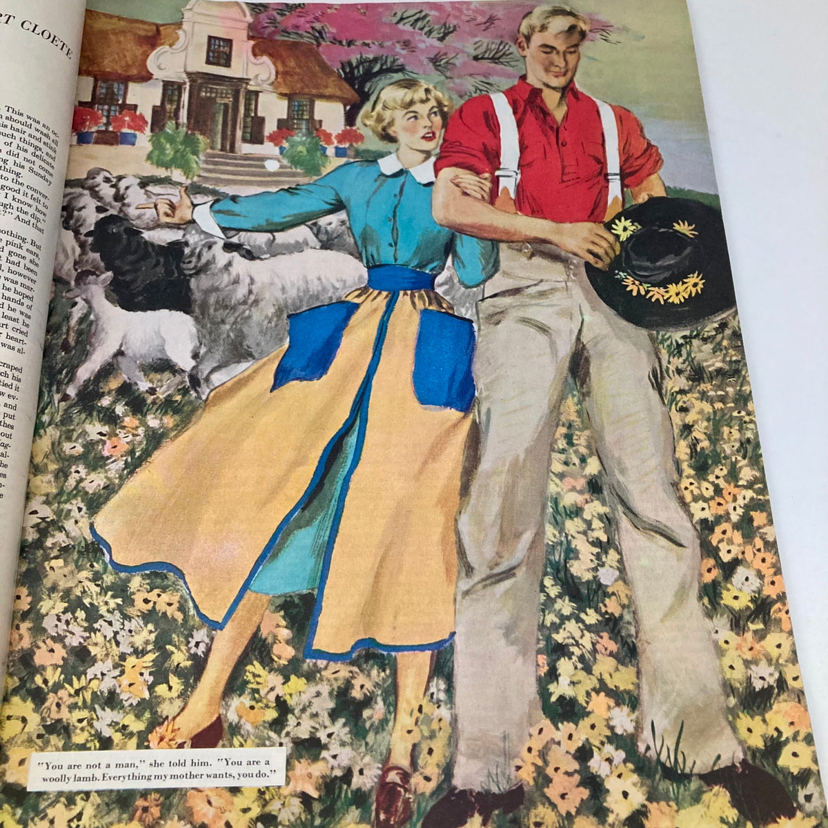 Illustration of a couple in a countryside setting from the Saturday Evening Post Magazine January 28 1950, depicting vibrant colors and vintage fashion.