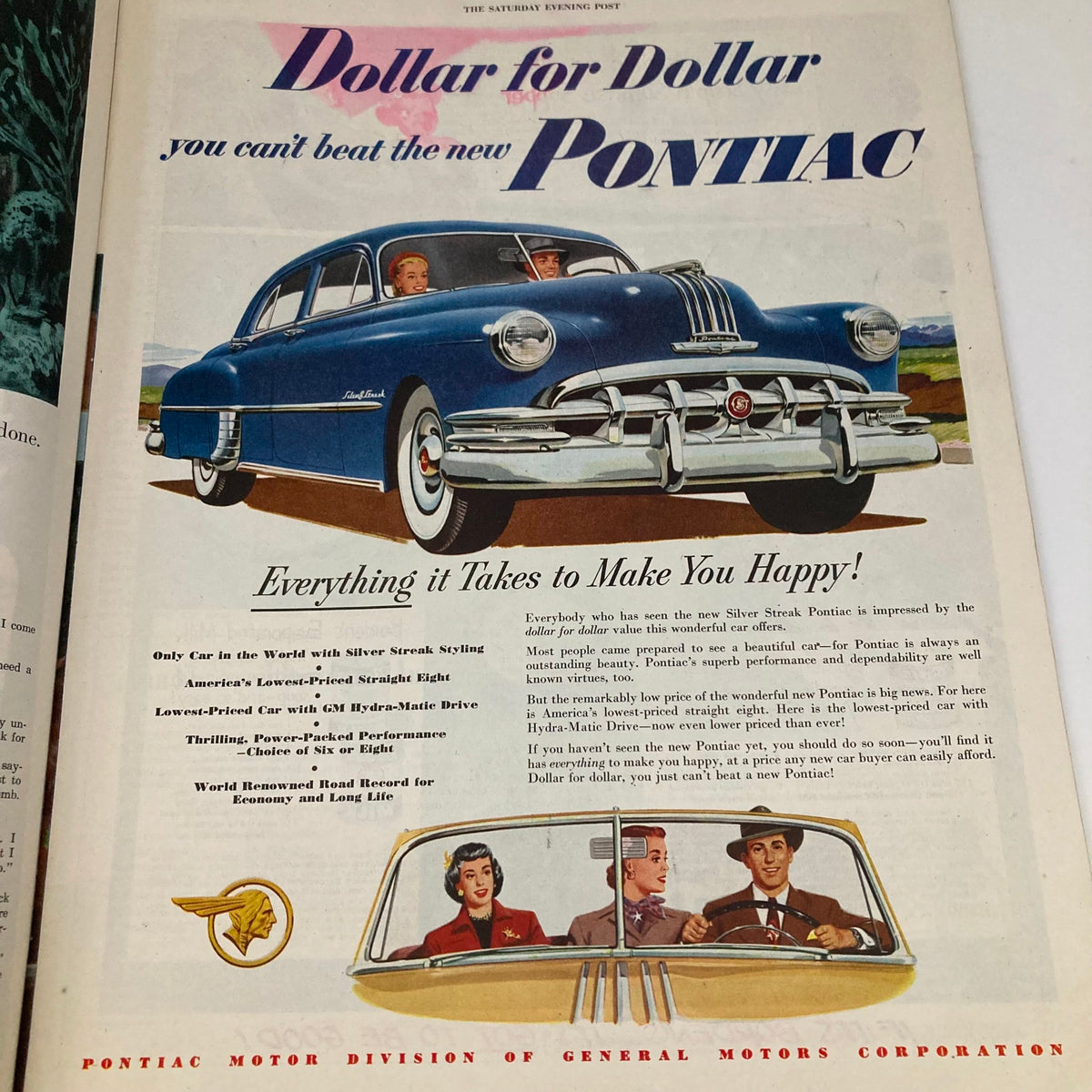 Advertisement for Pontiac car featuring a blue Pontiac with a couple inside, promoting its features alongside the Saturday Evening Post Magazine January 28 1950 illustrated cover by George Hughes.