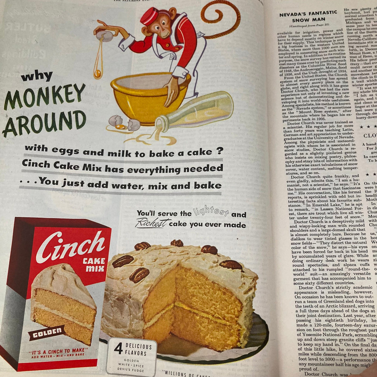 Cinch Cake Mix advertisement showcasing a cartoon monkey baking with a wooden bowl, emphasizing convenience for the Saturday Evening Post Magazine January 28 1950 illustrated cover by George Hughes.