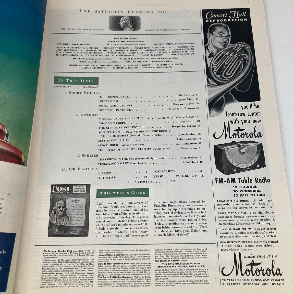 Saturday Evening Post Magazine January 14 1950, interior page showcasing articles and advertisements, highlighting vintage Americana.