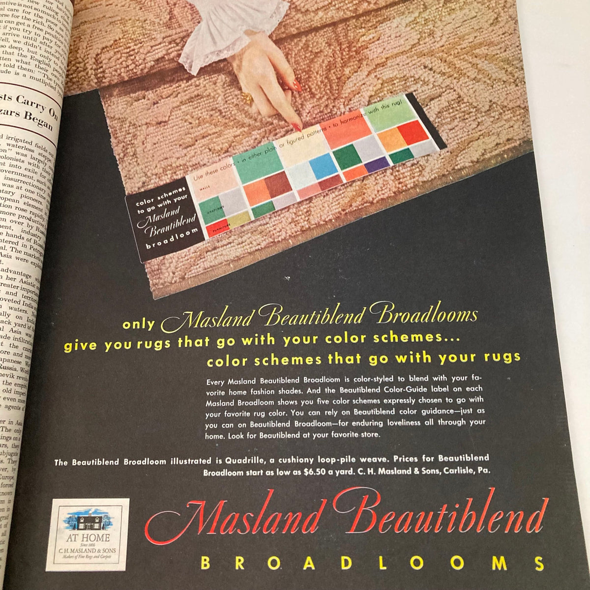 Saturday Evening Post Magazine January 14 1950, advertisement for Masland Beautiblend Broadlooms featuring color schemes for interior design.