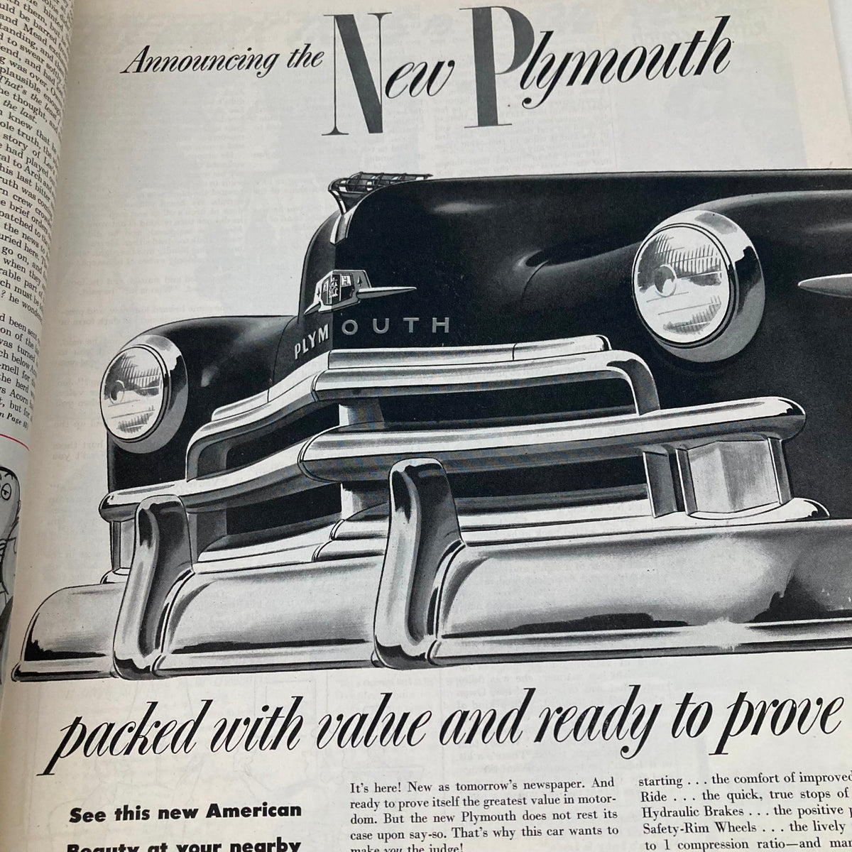 Saturday Evening Post Magazine January 14 1950, advertisement announcing the new Plymouth car model, showcasing its design and value.