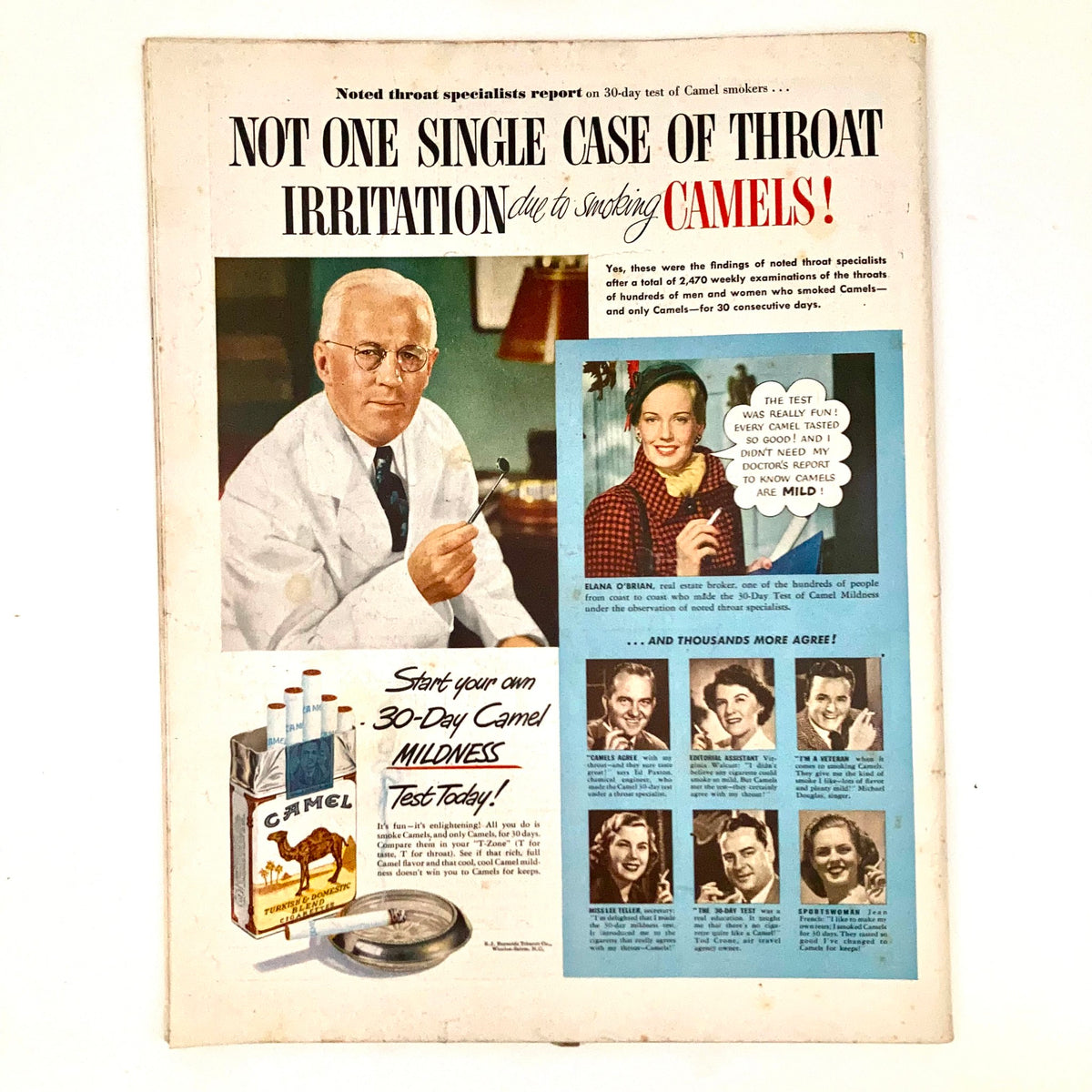Vintage advertisement featuring a doctor in a white coat promoting Camel cigarettes with the slogan 'Not one single case of throat irritation due to smoking CAMELS!' alongside testimonials. Includes elements related to cigarette marketing from the January 14, 1950 issue of Saturday Evening Post Magazine.