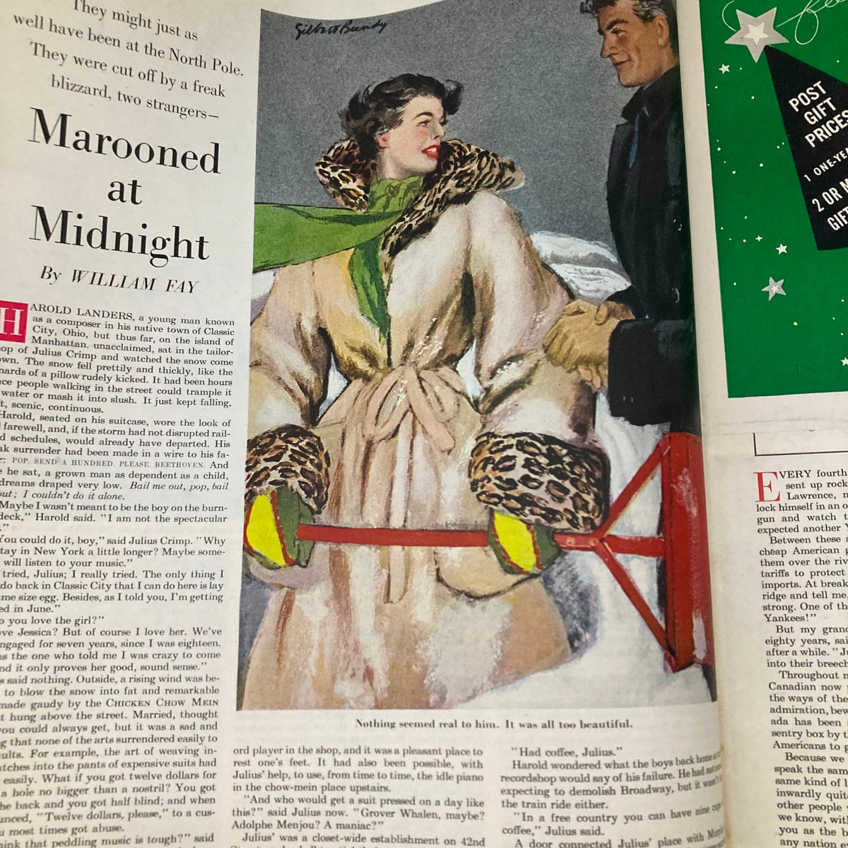 Illustrated page from Saturday Evening Post Magazine December 9 1950 featuring a story titled 'Marooned at Midnight' with a woman in a stylish winter coat.