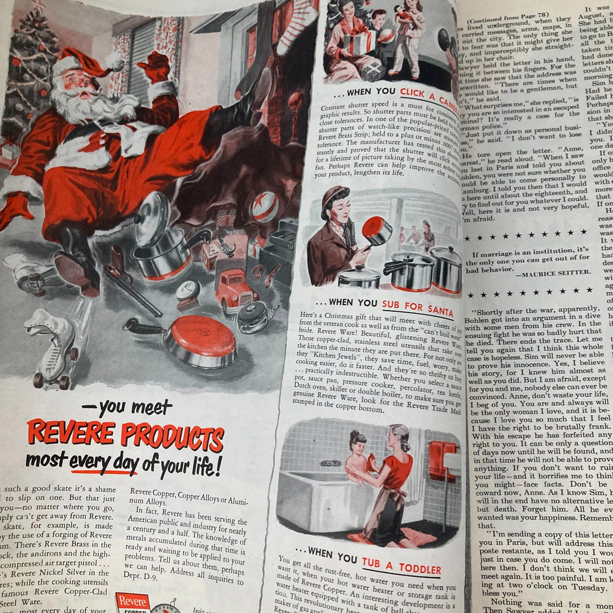 Ad page from the Saturday Evening Post Magazine December 9 1950 featuring Santa Claus and Revere products with a holiday theme.