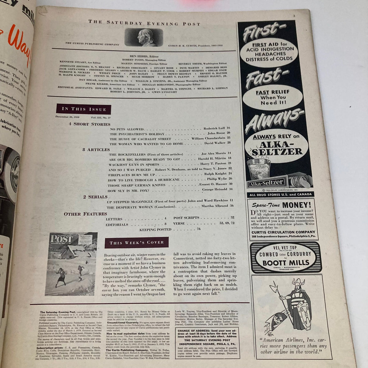 Interior page of the Saturday Evening Post magazine, December 30, 1950, showcasing the table of contents and advertisements typical of mid-20th century magazines.