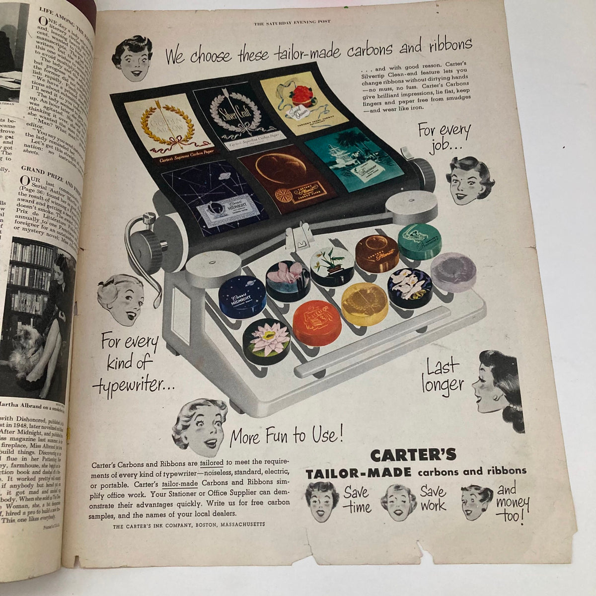 Interior page of Saturday Evening Post Magazine December 30 1950 featuring a vintage advertisement for Carter's tailor-made carbons and ribbons for typewriters.