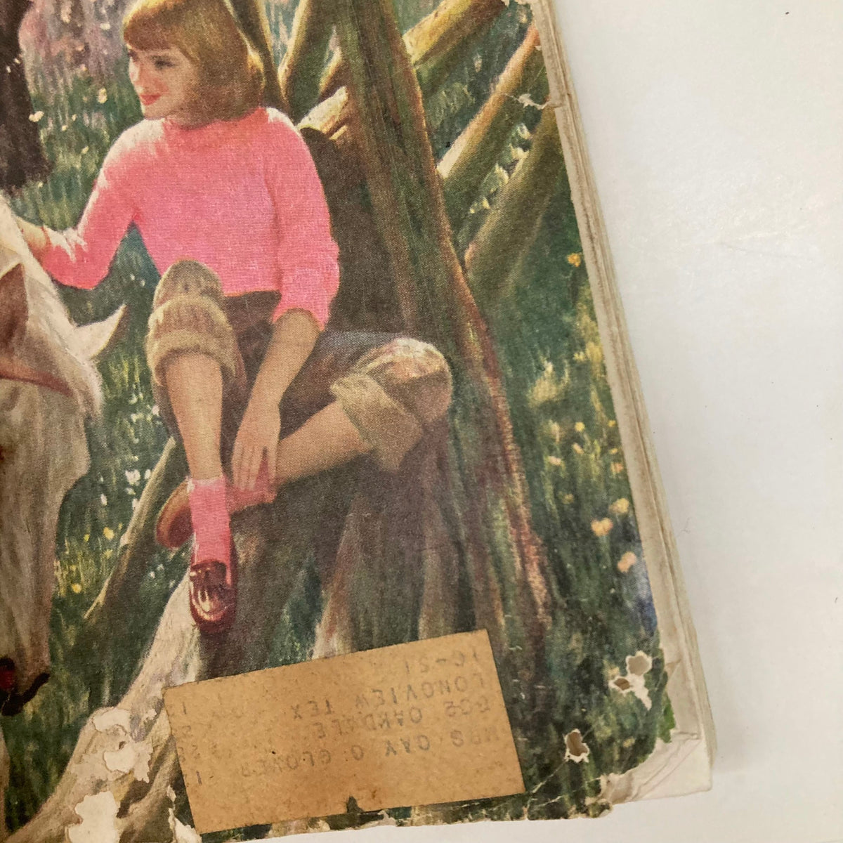 Illustration from the Saturday Evening Post Magazine May 6 1950 featuring a young girl in a pink sweater interacting with a horse, showcasing vintage art by John Clymer.