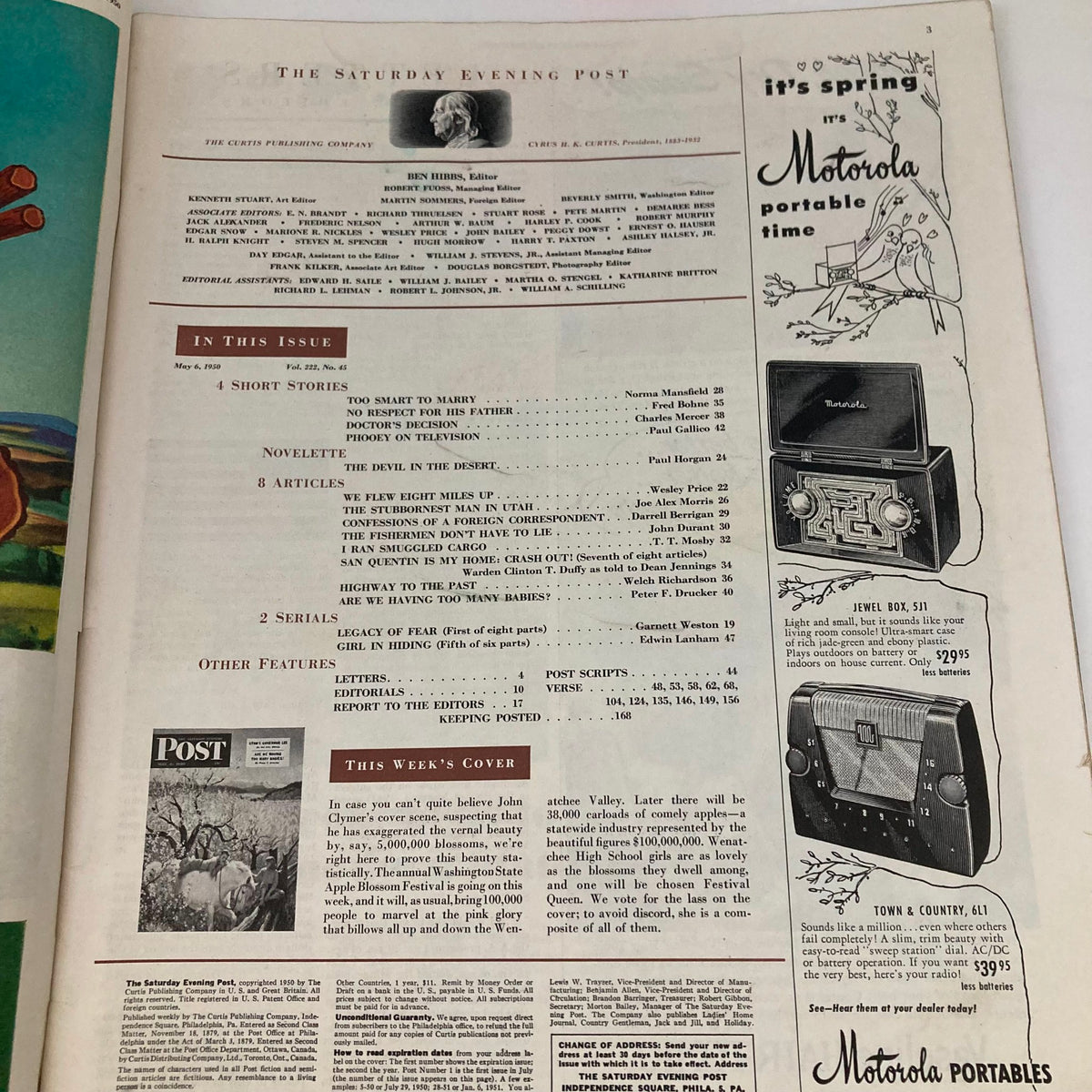 Table of contents page from the Saturday Evening Post Magazine May 6 1950, detailing featured articles and illustrations, representing the mid-century American publication style.
