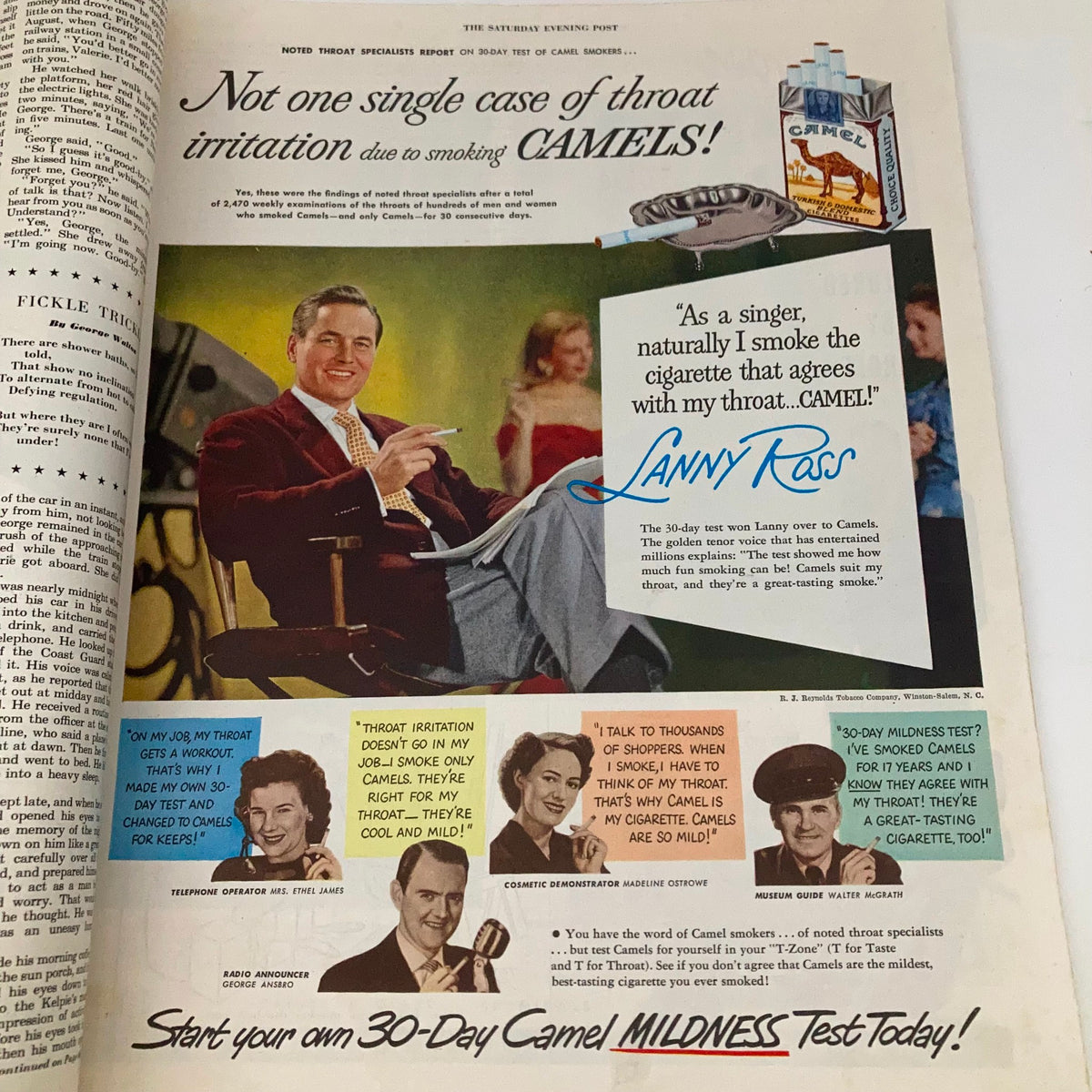Advertisement for Camel cigarettes in the Saturday Evening Post Magazine May 6 1950, featuring Lanny Ross and promotional statements about cigarette mildness.