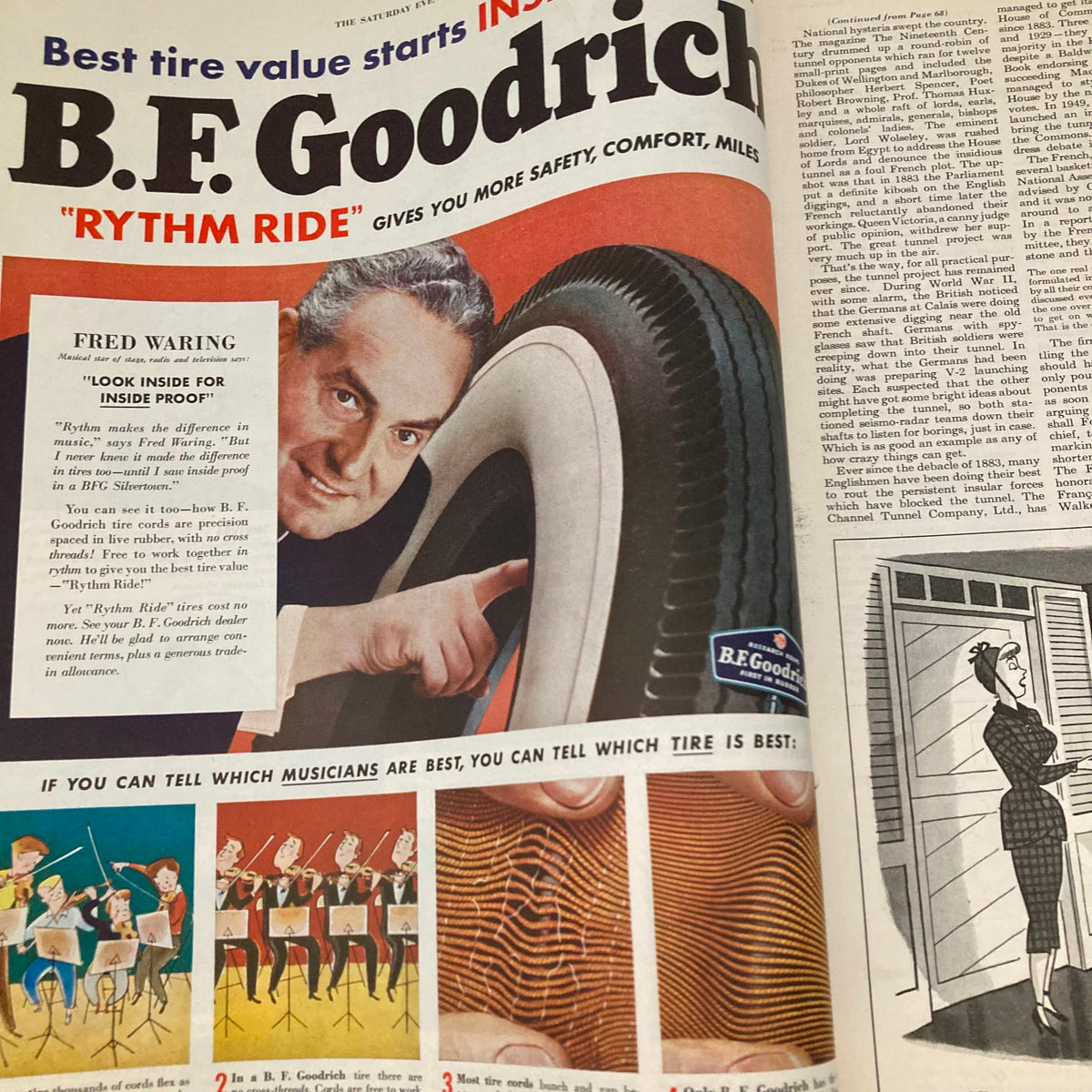 Advertisement page in Saturday Evening Post Magazine May 13, 1950, featuring a promotion for B.F. Goodrich tires with a focus on musical quality.