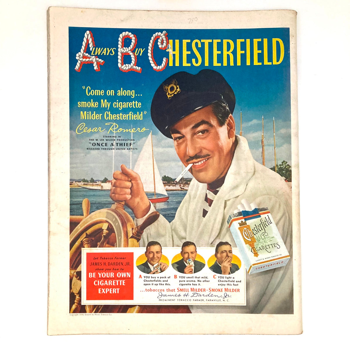 Illustrated cover of the ABC Chesterfield magazine featuring Cesar Romero with a cigarette, promoting the brand, from mid-20th century America.