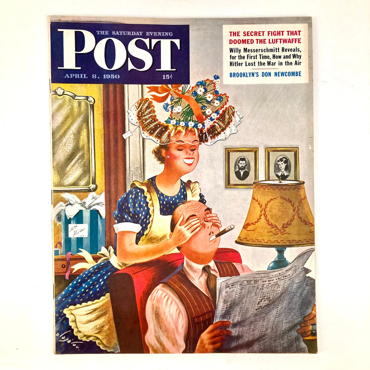 Cover illustration of the Saturday Evening Post Magazine from April 8, 1950, featuring a woman in traditional attire playfully covering a man’s eyes.