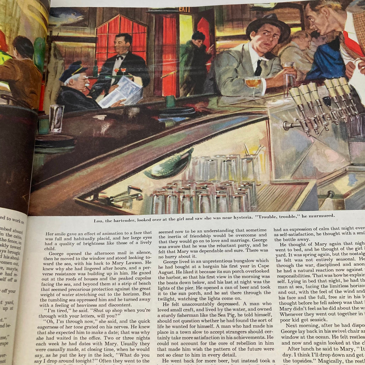 Illustrative story page from the Saturday Evening Post Magazine April 8, 1950, depicting a bar scene with patrons engaged in conversation.