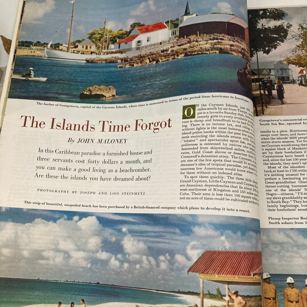 Saturday Evening Post April 8 1950 Cover featuring an article titled 'The Islands Time Forgot' discussing life in the Cayman Islands, accompanied by a picturesque harbor scene.