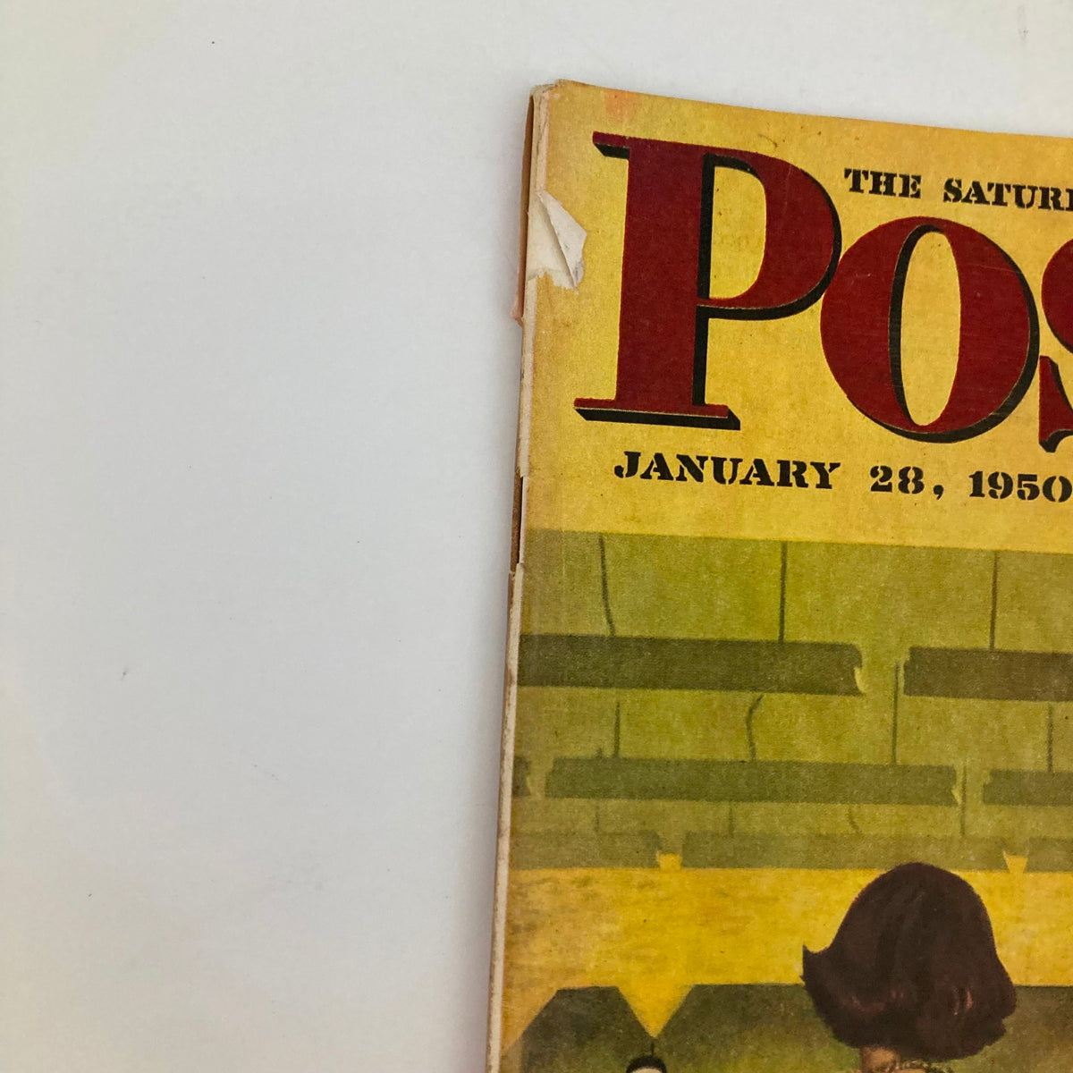 Close-up of the cover of Saturday Evening Post Magazine January 28, 1950, showcasing the prominent logo and the illustrated artwork by George Hughes.