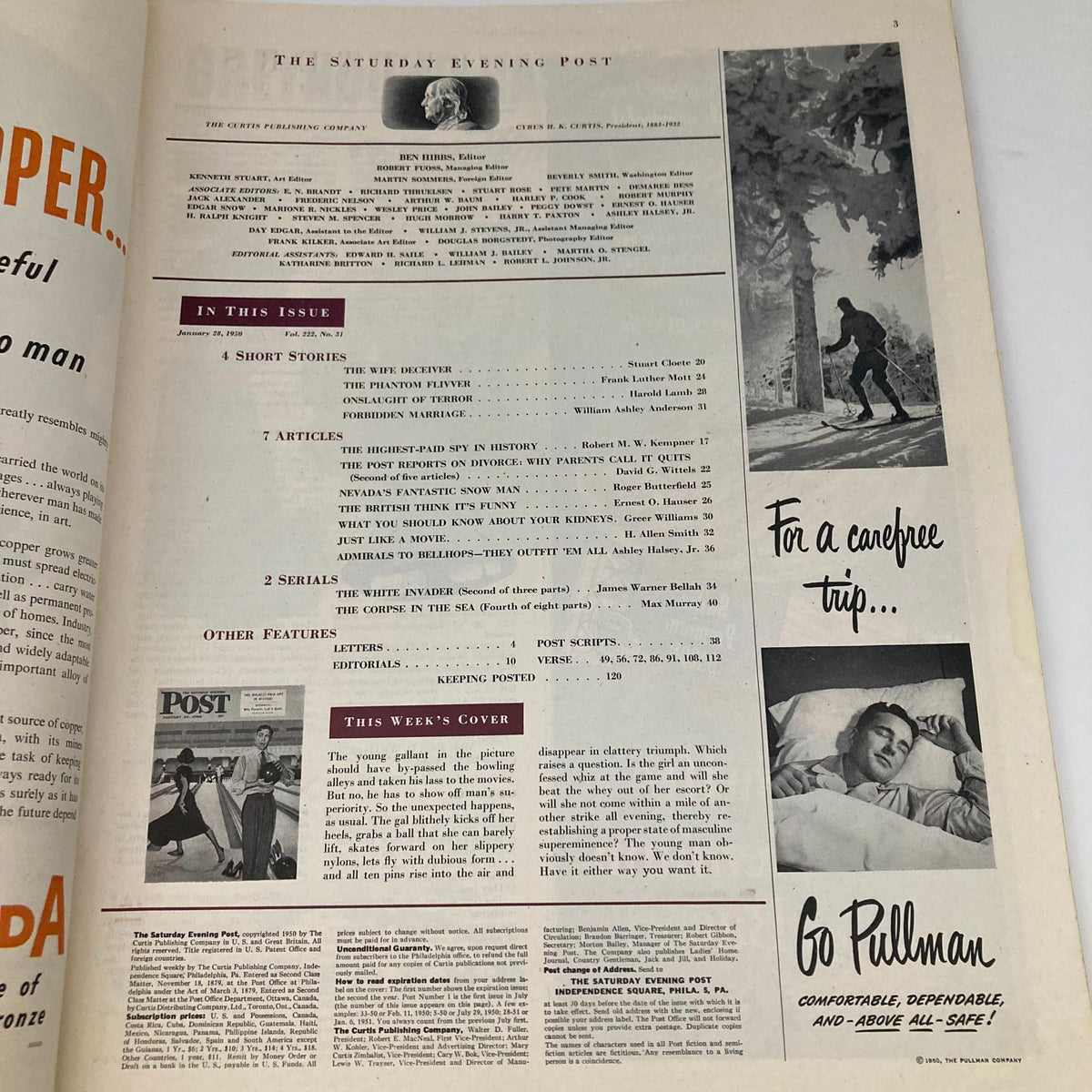 Interior page of the Saturday Evening Post Magazine, January 28, 1950, featuring contents and articles list, showcasing the cover illustration by George Hughes.