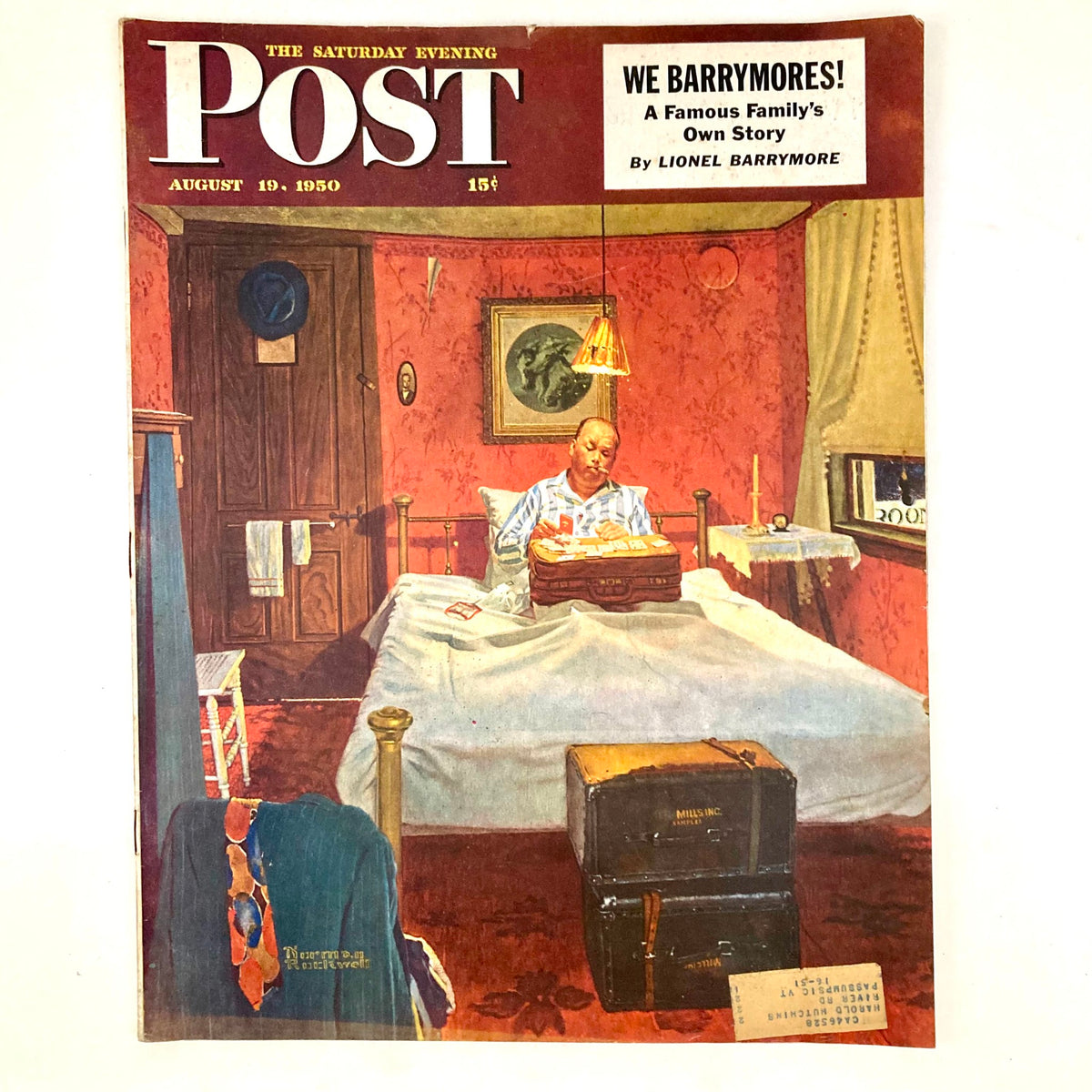 Cover of Saturday Evening Post Magazine August 19 1950 featuring an illustration by Norman Rockwell, depicting a man in bed reading, surrounded by warm colors and nostalgic elements.