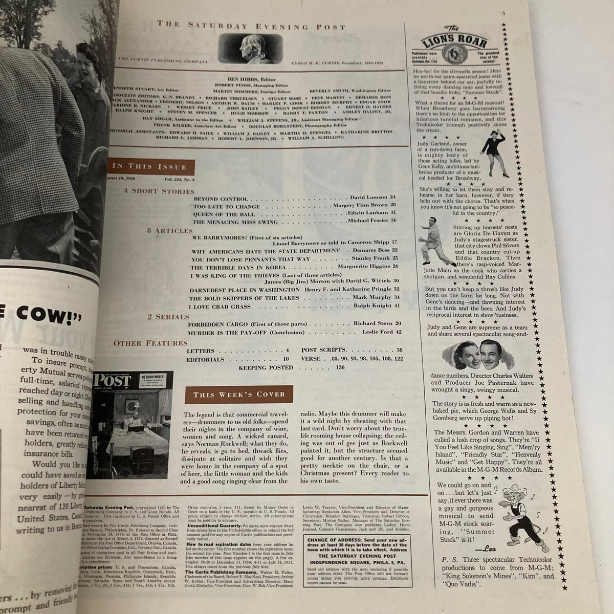 Interior page of the Saturday Evening Post Magazine August 19 1950, showcasing articles and features, including the editorial section and an overview of the week's cover.