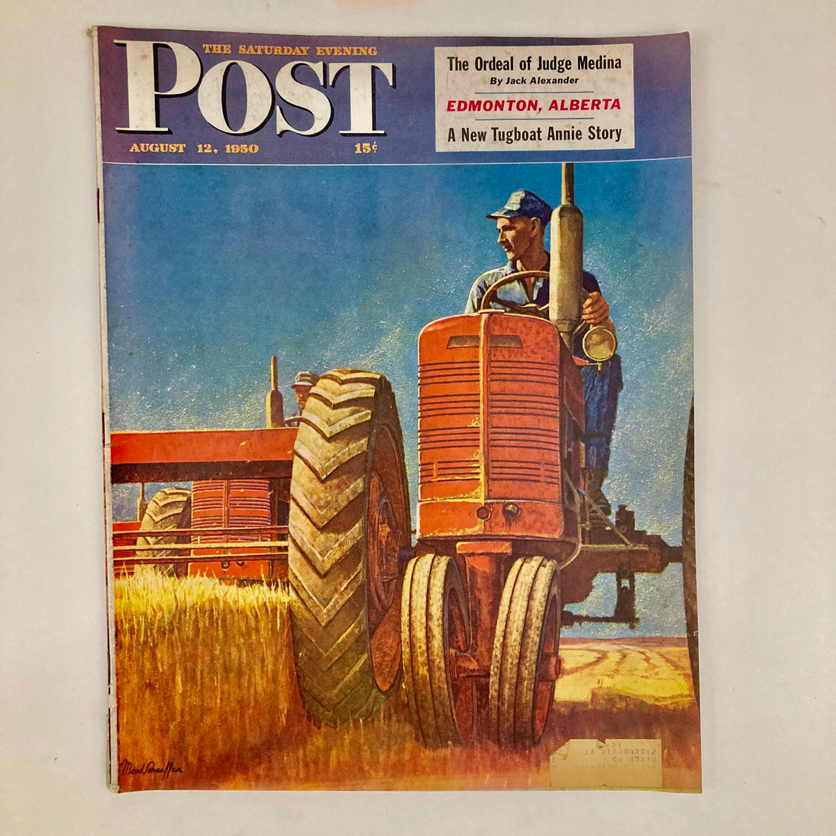 Saturday Evening Post Magazine August 12 1950 Illustrated Cover by Mead Schaeffer featuring a farmer driving a tractor in a rural landscape.