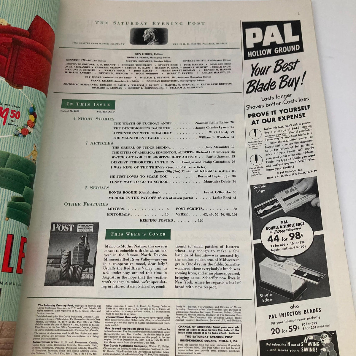 Inside page of the Saturday Evening Post Magazine August 12 1950, highlighting the contents and articles of the issue, with a focus on the week's cover.