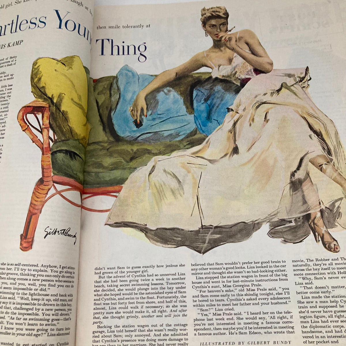 Interior page of the Saturday Evening Post Magazine January 7 1950 featuring an illustration by Gilbert Bundy, showcasing a woman in a flowing dress with colorful pillows.