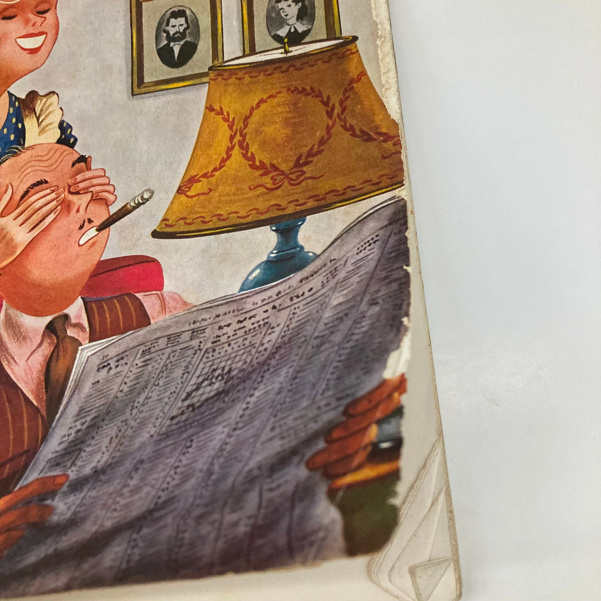 Illustrated cover detail of the Saturday Evening Post Magazine April 8, 1950, capturing a playful scene with characters engaging with vintage decor and art.