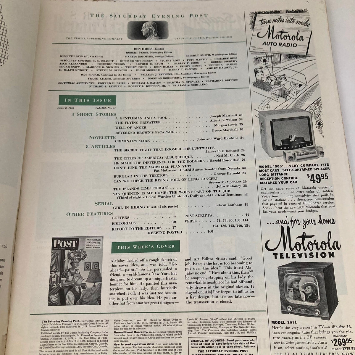 Inside page of Saturday Evening Post Magazine April 8, 1950, displaying the table of contents with articles and advertisements reflective of the era.